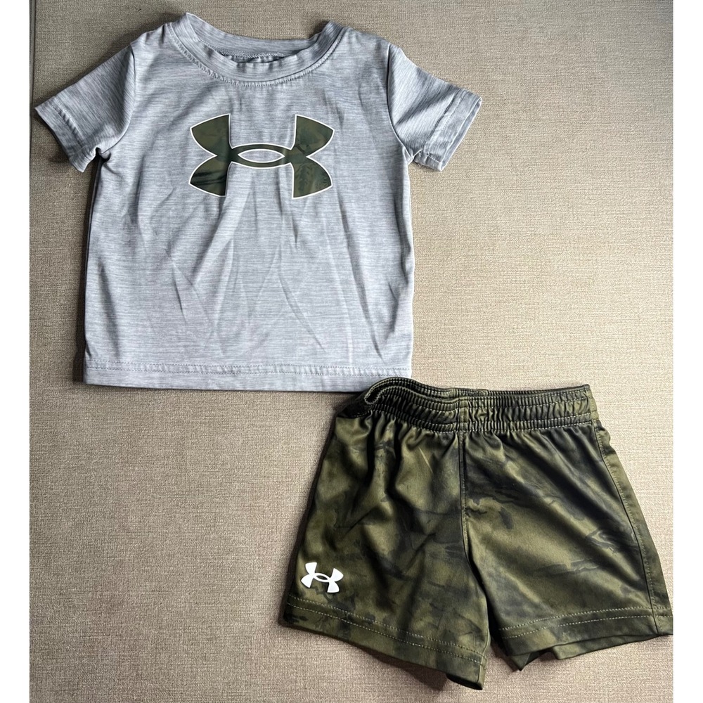 Under Armour Kids 12M Gray Camo Logo T-Shirt and Olive Camouflage Shorts Set